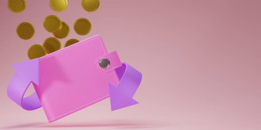 Cash back sign with Pink leather wallet, dollars gold coins and arrow. 3d render with pink purse and cash with copy space for texts. Business and money-saving, cashless society concept.3D rendering.