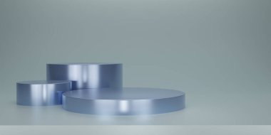 Parlak mavi yuvarlak kaidesi ya da stüdyo arkaplanı olan podyumu. Metalik donanma boş ekran ya da ürün göstermek için temiz oda. Podyum gösterisi ya da vitrin için minimalist bir model. 3B görüntüleme.