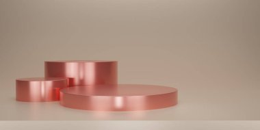 Shiny orange round pedestal or podium  with studio backdrops. Metallic orange  Blank display or clean room for showing product. Minimalist mockup for podium display or showcase. 3D rendering.