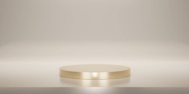 Stüdyo arkaplanlı parlak altın rengi bir kaide ya da podyum. Bej ya da krem rengi boş ekran ya da ürün göstermek için temiz oda. Podyum gösterisi ya da vitrin için minimalist bir model. 3B görüntüleme.