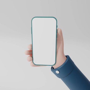 3D render Hand, beyaz ekranlı mavi ekranlı akıllı telefonu beyaz arkaplanda izole etti. Boşluğu beyaz ekrana kopyala. 3B görüntüleme.