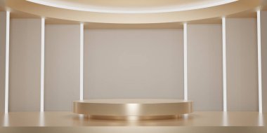 Soyut bej ve beyaz neon ışıklar, stüdyo arka planlarıyla. LED ışığı. Altın ya da krem rengi boş sergi ya da ürün göstermek için temiz oda. Podyum gösterisi ya da vitrin için minimalist bir model. 3B görüntüleme.