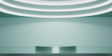 Stüdyo arkaplanlı soyut yeşil ve beyaz neon ışıklar. LED ışığı. 3 boyutlu yeşil boş ekran ya da ürün göstermek için temiz oda. Podyum gösterisi ya da vitrin için minimalist bir model. 3B görüntüleme.