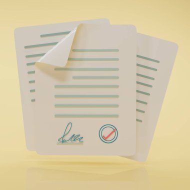 Grafik ve web tasarımı için imza ve metin içeren belge simgesi. Kağıt belge simgesi sarı arkaplanda izole edildi. Sözleşme fikri. Doğrulandı ya da onaylandı. 3d resimleme.