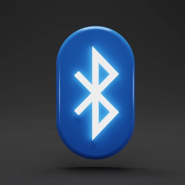 Parlak ışık simgesine sahip bluetooth, koyu arkaplanda beyaz bluetooth işareti. Kablosuz teknoloji konsepti. 3B resimleme