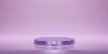Pembe, yuvarlak kaidesi ya da stüdyo arkaplanı olan bir podyum. Metalik morumsu boş ekran ya da ürün göstermek için temiz oda. Podyum gösterisi ya da vitrin için minimalist bir model. 3B görüntüleme.