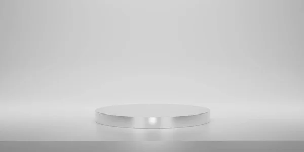 Shiny silver round pedestal or podium  with studio backdrops. Metallic white  Blank display or clean room for showing product. Minimalist mockup for podium display or showcase. 3D rendering.
