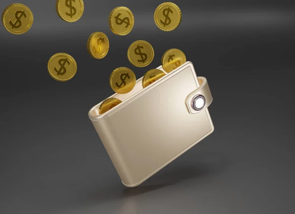 3d rendering Wallet and gold coins on black background. Falling  coins and gold purse. Cashless society concept. Growth, income, savings, investment. Symbol of wealth. Business success. 3d render.