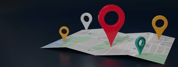 Gps Navigator Pin Checking Map Dark Blue Background Location Pin — Stockfoto