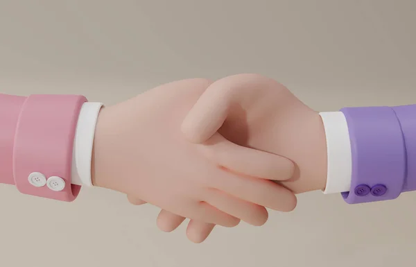 白い背景に3D漫画スタイルの握手画像 ビジネスの握手を閉じる 成功した契約 契約の概念 契約のパートナーシップと契約のシンボル 3Dレンダリング図 — ストック写真