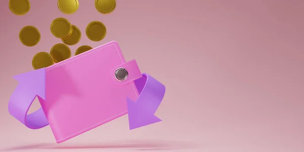 Cash Back Sign Pink Leather Wallet Dollars Gold Coins Arrow — 스톡 사진