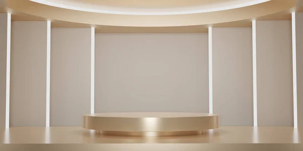 Soyut bej ve beyaz neon ışıklar, stüdyo arka planlarıyla. LED ışığı. Altın ya da krem rengi boş sergi ya da ürün göstermek için temiz oda. Podyum gösterisi ya da vitrin için minimalist bir model. 3B görüntüleme.