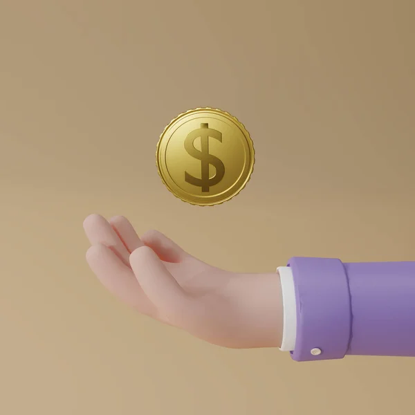 Renderizar Una Moneda Oro Sobre Mano Aislar Sobre Fondo Beige — Foto de Stock