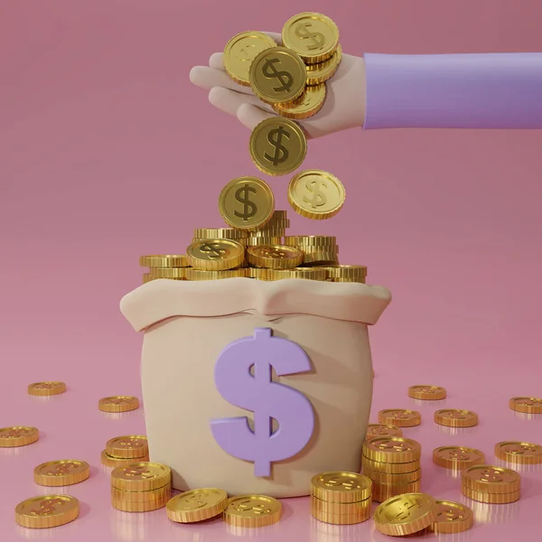 Rendering Hand Put Gold Coins Moneybag Simple Cartoon Isolated Pink — Foto Stock