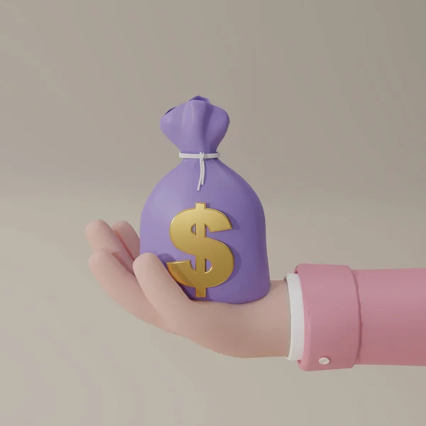 Render Money Bag Met Een Dollarteken Bij Hand Geld Zak — Stockfoto
