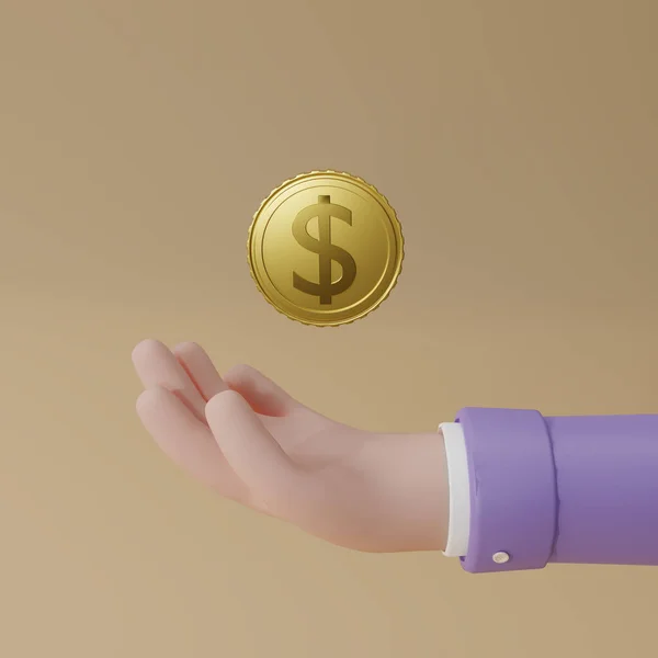 Render Gold Coin Hand Isolate Beige Background Growth Income Savings — стоковое фото