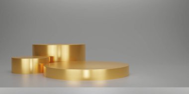 Gri renkli stüdyo arkaplanı olan parlak altın rengi bir kaide ya da podyum. Ürün göstermek için boş ya da temiz oda. Podyum gösterisi ya da vitrin için minimalist bir model. 3B görüntüleme.