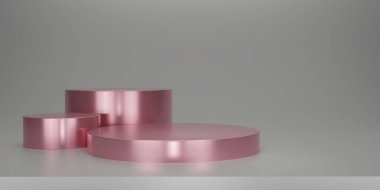 Pembe parlak kaidesi ya da stüdyo arkaplanı olan podyumu. Metalik pembe ya da gül sarısı boş ekran ya da ürün göstermek için temiz oda. Podyum gösterisi ya da vitrin için minimalist bir model. 3B görüntüleme.