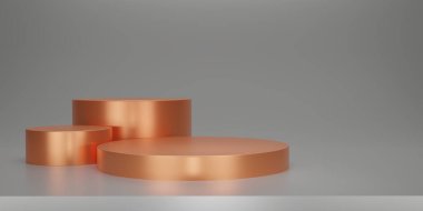 Parlak turuncu yuvarlak kaidesi ya da gri renkli stüdyo arkaplanı olan podyumu. Bakır boş ekran ya da ürün göstermek için temiz oda. Podyum gösterisi ya da vitrin için minimalist bir model. 3B görüntüleme.