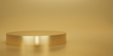 Stüdyo arkaplanlı parlak altın rengi bir kaide ya da podyum. Bej ya da krem rengi boş ekran ya da ürün göstermek için temiz oda. Podyum gösterisi ya da vitrin için minimalist bir model. 3B görüntüleme.