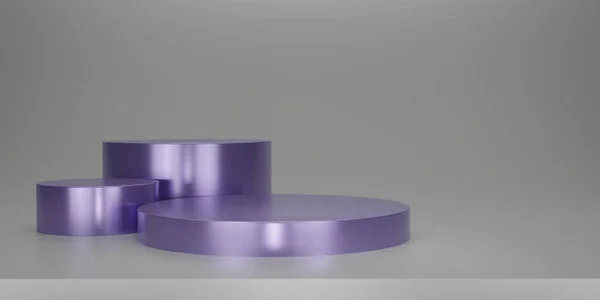 光沢のある紫色の円形の台座やグレーのスタジオの背景と表彰台 製品を表示するためのブランクディスプレイまたはクリーンルーム 表彰台のディスプレイやショーケースのためのミニマリストモックアップ 3Dレンダリング — ストック写真