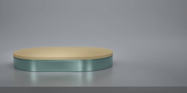Parlak yeşil, ahşap oval kaidesi ya da stüdyo arka planında podyumu olan. Yeşil metalik oval. Ürün göstermek için boş ya da temiz oda. Uzayı kopyala Vitrin için minimalist model. 3B görüntüleme.