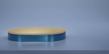 Parlak mavi, ahşap oval kaidesi ya da stüdyo arka planında podyumu olan. Mavi melallik oval. Ürün göstermek için boş ya da temiz oda. Uzayı kopyala Vitrin için minimalist model. 3B görüntüleme.