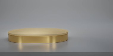 Parlak altın, ahşap oval kaidesi ya da stüdyo arka planında podyumu olan. Altın oval. Ürün göstermek için boş ya da temiz oda. Uzayı kopyala Vitrin için minimalist model. 3B görüntüleme.
