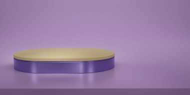 Ahşap oval kaidesi ya da stüdyo arka planında podyumu olan parlak bir mor. Mor melalik oval. Ürün göstermek için boş ya da temiz oda. Uzayı kopyala Vitrin için minimalist model. 3B görüntüleme.