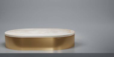 Beyaz mermer oval kaidesi ya da stüdyo arka planında podyumu olan parlak altın. Ürün göstermek için boş ya da temiz oda. Uzayı kopyala Podyum gösterisi ya da vitrin için minimalist bir model. 3B görüntüleme.