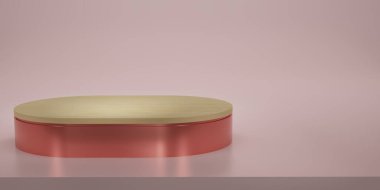 Parlak turuncu, ahşap oval kaidesi ya da stüdyo arka planında podyumu var. Turuncu melalik oval. Ürün göstermek için boş ya da temiz oda. Uzayı kopyala Vitrin için minimalist model. 3B görüntüleme.