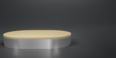 Ahşap oval kaidesi olan parlak gümüş ya da stüdyo arka planında podyum. Gri melalik oval. Ürün göstermek için boş ya da temiz oda. Uzayı kopyala Vitrin için minimalist model. 3B görüntüleme.