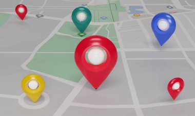 GPS. Kılavuz şifresi, bej arkaplandaki haritayla kontrol ediliyor. Konum kodu, konum haritası, konum simgesi. 3d resimleme.