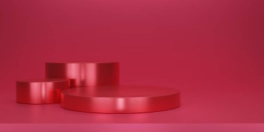 Stüdyo arkaplanlı parlak kırmızı kaide ya da podyum. Metalik koyu kırmızı boş ekran ya da ürün göstermek için temiz oda. Podyum gösterisi ya da vitrin için minimalist bir model. 3B görüntüleme.