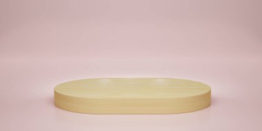 Stüdyo arkaplanındaki tahta kaide ya da podyum. Pembe arka planda ahşap oval. Oval bambu çarşafı. Ürün göstermek için boş ekran. Uzayı kopyala 3D görüntüleme için minimalist modelleme