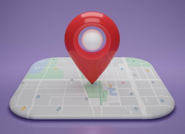 GPS kırmızı navigatör pimi mor arkaplandaki haritayla kontrol ediliyor. Konum kodu, konum haritası, konum simgesi. 3d resimleme.