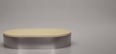 Parlak yeşil, ahşap oval kaidesi ya da stüdyo arka planında podyumu olan. Yeşil melalik oval. Ürün göstermek için boş ya da temiz oda. Uzayı kopyala Vitrin için minimalist model. 3B görüntüleme.