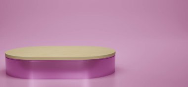 Parlak yeşil, ahşap oval kaidesi ya da stüdyo arka planında podyumu olan. Yeşil melalik oval. Ürün göstermek için boş ya da temiz oda. Uzayı kopyala Vitrin için minimalist model. 3B görüntüleme.