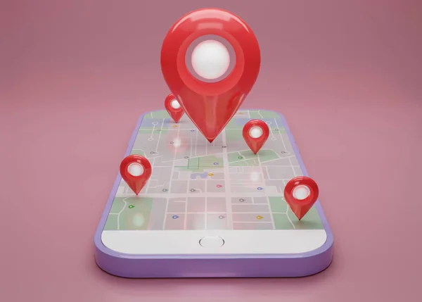 Gps Navegador Rojo Pin Verificación Con Mapa Teléfono Inteligente Púrpura — Foto de Stock