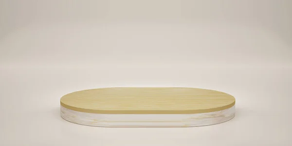 Beyaz mermer ve ahşap kaide ya da bej arka planda podyum. Oval mermer ve ahşap çarşaf. Ürün göstermek için boş ekran. Uzayı kopyala Vitrin için minimalist model. 3B resimleme.