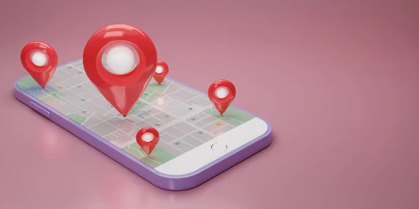 Gps Comprobación Pin Rojo Con Mapa Teléfono Inteligente Púrpura Teléfono — Foto de Stock