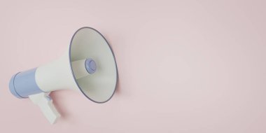 Mavi megafon hoparlörü pembe arkaplanda. 3d resimleme. 