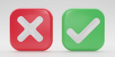 3B render Checkmark ve X mark simgesi seti. İşaretli sağ sembol, kene işareti. İnternet ve mobil uygulamaları kontrol et ve kontrol et. 3B resimleme.