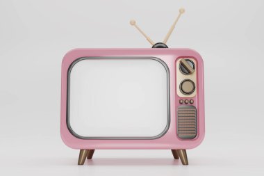 3D render Pembe Vintage Televizyon tarzı beyaz arkaplanda izole edilir. Minimum Retro TV. Kopyalama alanı olan Pastel Analog TV. Antenli eski bir televizyon. 3d resimleme.