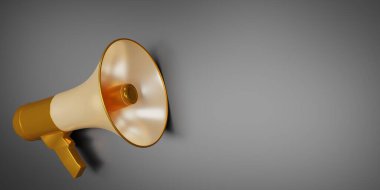Altın megafon hoparlörü koyu arkaplanda izole edilmiş. Siyah zemine bir megafon yerleştirilir. Uzayı kopyala 3d resimleme.