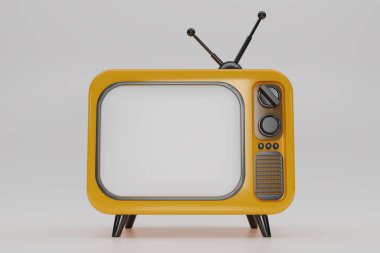 Beyaz arkaplanda 3 boyutlu sarı renkli Vintage Televizyon karikatürü izole edildi. Minimum Retro TV. Kopya alanı olan sarı analog televizyon. Antenli eski bir televizyon. 3d resimleme.