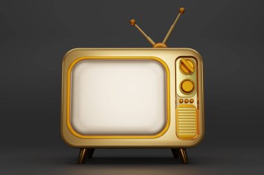 3D renkte altın renkli Vintage Televizyon karikatür stili koyu arkaplanda izole edildi. Minimum Retro TV. Kopya alanı olan altın analog televizyon. Antenli eski bir televizyon. 3d resimleme.