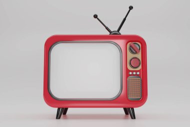 3D render kırmızı Vintage Television çizgi film biçimi beyaz arkaplanda izole. Minimum Retro TV. Kopya alanı olan analog televizyon. Antenli eski bir televizyon. 3d resimleme.