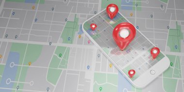Kırmızı raptiye, haritada beyaz akıllı telefondan elle kontrol ediliyor. Haritanın arka planında el ele tutuşan cep telefonu. Akıllı telefon. Konum kodu, konum haritası, konum simgesi. 3d resimleme.