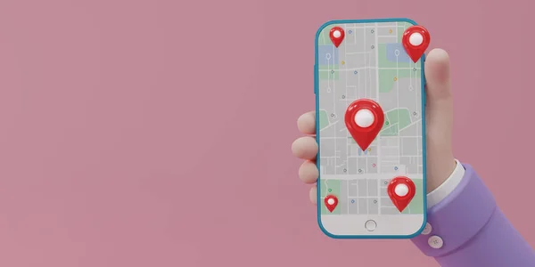 Hand Die Een Smartphone Vasthoudt Met Gps Rode Navigator Pin — Stockfoto
